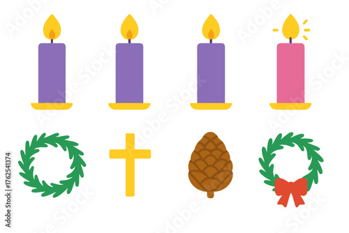 Advent Candles flat icons: three purple candles and one pink, evergreen wreath, golden flame, cross symbol, pinecone, glowing light, ribbon bow, candle base. , , High resolution,