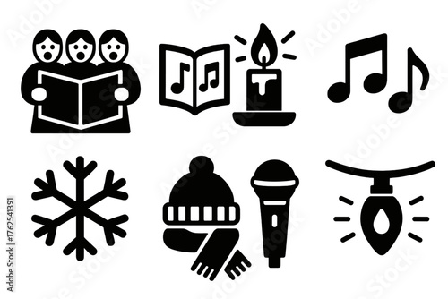 Christmas Market Carol Singing silhouette set: choir group, songbook, glowing candle, music notes, snowflake, hat and scarf, microphone, festive light. , , High resolution, sharp