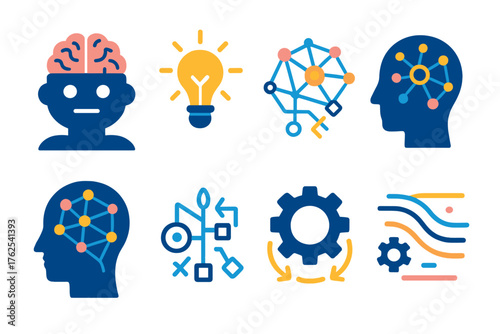 Autonomous Thinking flat icons: robotic brain, light spark, connected network, algorithm symbol, abstract head, neural web, gear rotation, flow lines. , , High resolution, sharp
