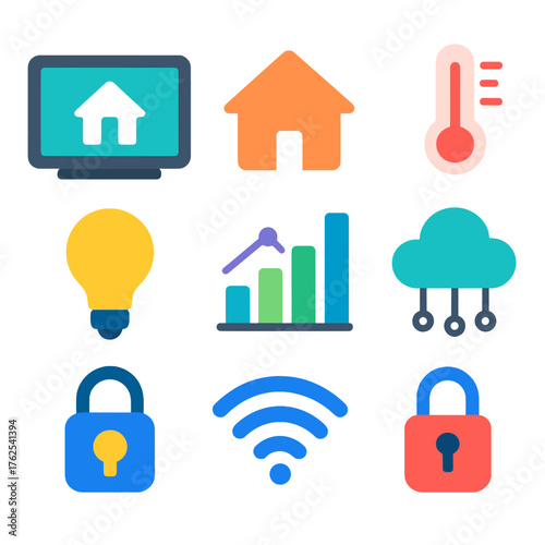 Home Dashboards flat icons: smart display, home icon, chart, thermostat, light bulb, Wi-Fi signal, lock pad, cloud network. , , High resolution, sharp vector-like appearance, ideal
