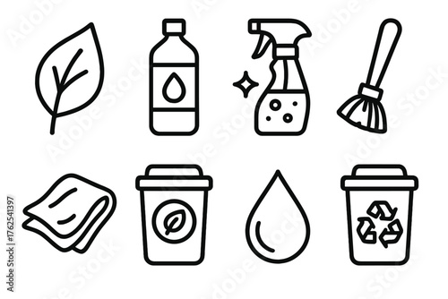 Eco-Friendly Disinfecting outline icon set: leaf symbol, refill bottle, natural spray, bamboo brush, reusable cloth, compost bin, water droplet, recyclable container.