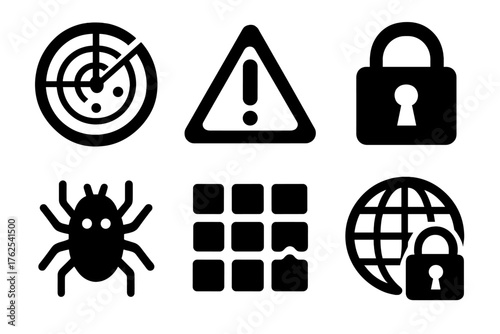 Threat Detection silhouette set: radar screen, exclamation mark, padlock, virus icon, data grid, secure connection. , , High resolution, sharp vector-like appearance, ideal for UI