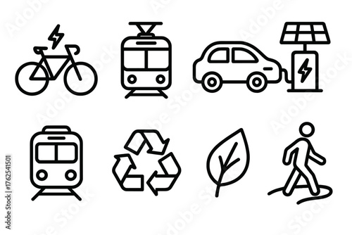 Sustainable Transport outline icon set: e-bike, tram, car with plug, solar charging point, train, recycling symbol, leaf, walking path. , , High resolution, sharp vector-like