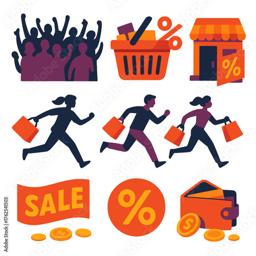 Black Friday Shopping Chaos flat icons: crowd silhouettes, overflowing baskets, bold percent signs, store entrance, running shoppers, sale banners, open wallets, scattered coins. ,