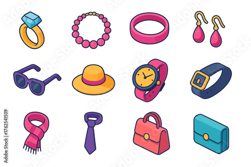 Accessories flat isometric set: jewelry ring, necklace, bracelet, earrings, sunglasses, hat, watch, belt, scarf, tie, handbag, wallet.