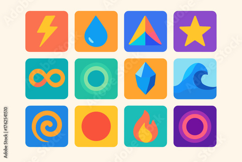 Symbolic Instance flat icons: flash, spark, lightning bolt, droplet, prism, star, infinity loop, glowing aura, crystal, wave, spiral, circle, flame, portal, abstract dot, shining