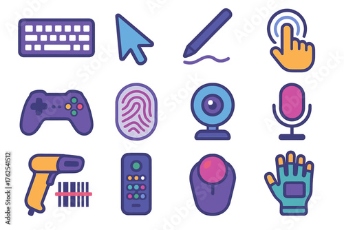 Input Methods flat icons: virtual keyboard, mouse pointer, stylus writing, touchscreen press, gamepad buttons, fingerprint reader, webcam, voice input icon, barcode reader, remote