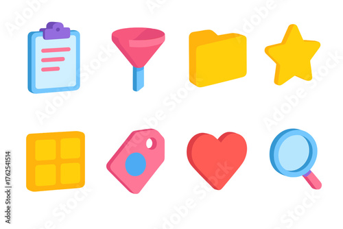 Curation flat isometric set: clipboard, filter, folder, star, collection grid, tag, heart, magnifier.