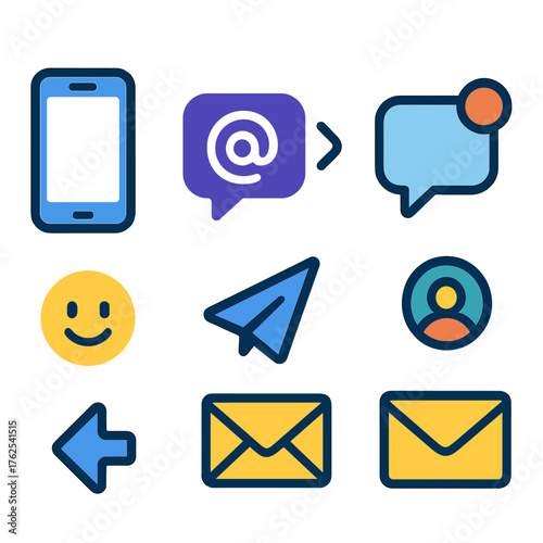 Threads flat icons: smartphone, chat icon, reply arrows, unread message, emoji face, send icon, mail envelope, contact avatar.