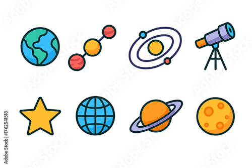 Planetary Alignment flat isometric set: planets, orbit, line, telescope, star, globe, ring, moon.