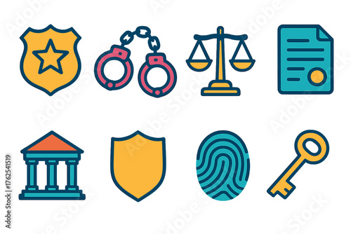 Criminal Justice flat icons: police badge, handcuffs, scales, document, courthouse, shield, fingerprint, key.