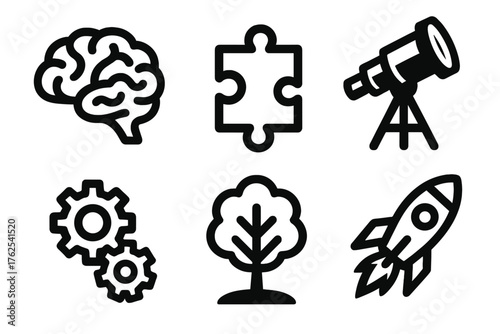 Mind growth silhouette set: brain, puzzle piece, telescope, gears, tree, rocket.