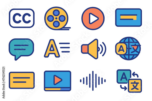 Subtitles flat icons: CC symbol, film reel, play icon, text box, dialogue bubble, font lines, speaker, translation globe, subtitle bar, video player, sound wave, language icon.