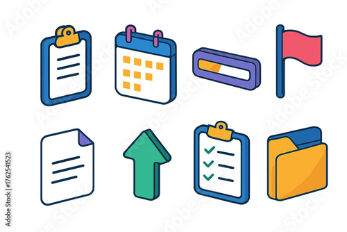 Project Updates flat isometric set: clipboard, calendar, progress bar, flag, document, upward arrow, checklist, folder.