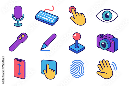 Input Methods flat isometric set: microphone, keyboard typing, touch gesture, eye tracking, motion controller, pen input, joystick, camera capture, touchscreen scroll, sensor pad,