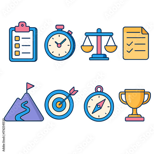 Accountability & Drive flat isometric set: clipboard, stopwatch, balance scale, checklist, mountain trail, arrow target, compass, trophy.