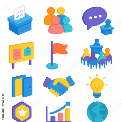 Participation Icons flat isometric set: voting ballot, crowd of people, conversation bubble, town meeting, community board, flag, partnership handshake, idea lightbulb, open door,