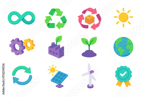Cradle-to-Cradle Design Set flat isometric set: infinity loop, recycling arrows, product cycle, renewable energy icon, gear system, eco factory, seedling, earth symbol, closed loop