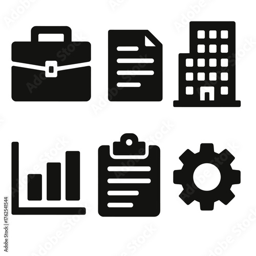 Work schedule silhouette set: briefcase, document, office building, chart, clipboard, gear.