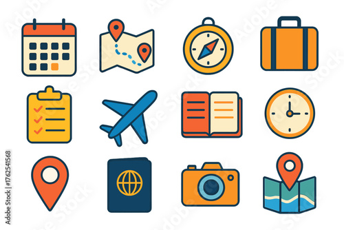 Personalized Itineraries flat icons: calendar, route map, compass, suitcase, checklist, airplane, notebook, clock, location marker, passport, camera, map pin.