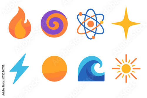 Fusion flat icons: flame, swirl, atom, star, lightning bolt, orb, wave, energy burst.