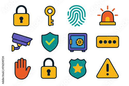 Personal Safety Icons flat icons: padlock, key, fingerprint, alarm bell, security camera, shield check, safe vault, password dots, hand stop sign, lock symbol, guard badge, warning