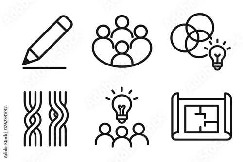 Co-creation outline icon set: joint pen, community circle, overlapping shapes, idea spark with group, weaving threads, open blueprint.
