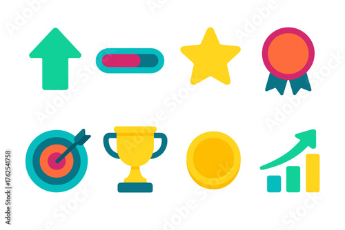 XP Progress flat icons: arrow up, progress bar, star, badge, target, trophy, coin, chart.