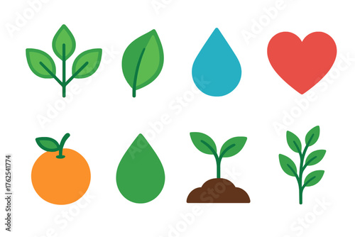 Organic flat icons: plant, leaf, water droplet, heart, fruit, seedling, soil, branch.