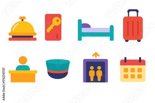 Hotel Services flat icons: bell, keycard, bed, suitcase, reception desk, doorman hat, elevator, calendar.