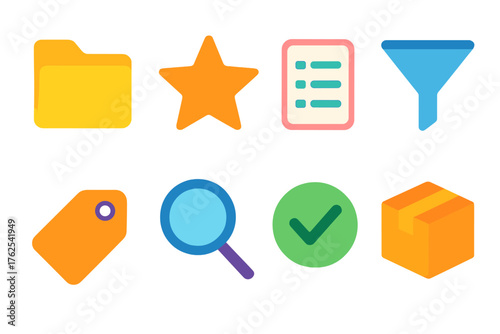 Curation flat icons: folder, star, list, filter, tag, magnifying glass, checkmark, box.