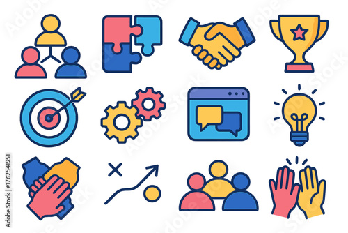 Teamplay flat icons: people network, puzzle fit, handshake, trophy, target board, teamwork gear, chat window, idea bulb, unity heart, strategy plan, collaboration icons, high five.