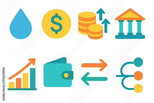 Liquidity flat icons: water droplet, dollar sign, coin stack, arrows, bank, chart, wallet, flow lines.