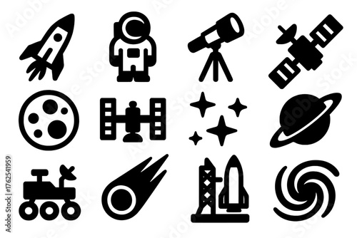 Space exploration silhouette set: rocket, astronaut, telescope, satellite, moon, space station, star cluster, planet with rings, rover, comet, launch pad, galaxy spiral.