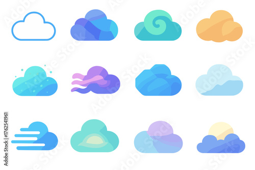 Abstract Cloud Symbols flat icons: minimal cloud outline, layered shape, swirl pattern, bubble cloud, dotted sky, vapor wave, geometric puff, transparent icon, fog lines, light
