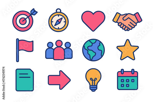 Mission-Driven flat isometric set: target, compass, heart, handshake, flag, people, globe, star, document, arrow forward, lightbulb, calendar.