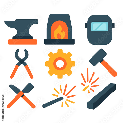 Metalworking flat icons: anvil, forge, welding mask, hammer, tongs, gear, sparks, metal rod.