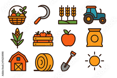 Harvesting flat icons: crop basket, sickle blade, wheat field, tractor, corn stalk, fruit crate, apple icon, grain bag, barn house, hay bale, shovel, sun icon.
