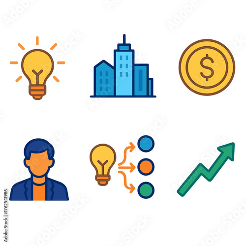 Startup Ecosystems flat icons: creative lightbulb, city skyline, investment coin, mentor figure, idea flow, upward arrow.