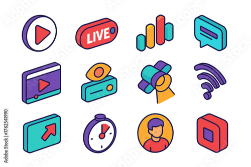 Streaming & Broadcast Tools flat isometric set: play button, live badge, sound wave, chat overlay, video window, viewer count, spotlight icon, streaming signal, screen share, timer
