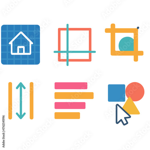 Layout Tools flat icons: blueprint, guides, crop tool, grid, spacing, alignment bars, shapes, cursor.
