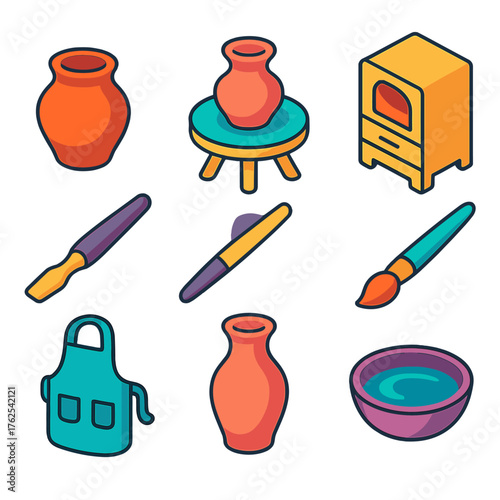 Ceramics & Pottery flat isometric set: clay pot, spinning wheel, kiln, sculpting tool, apron, vase, paintbrush, water bowl.
