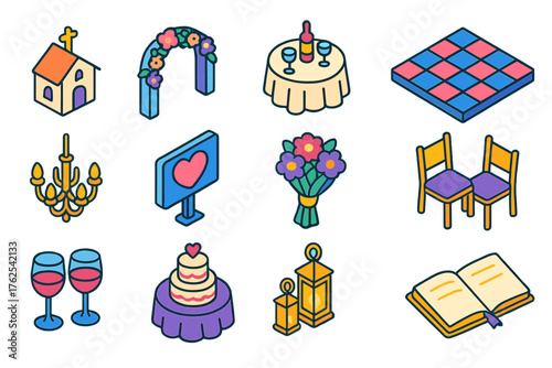 Wedding Venue Collection flat isometric set: chapel, floral arch, banquet table, dance floor, chandelier, heart sign, bouquet, dining chairs, wine glasses, cake table, lanterns,