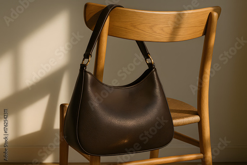 Elegant Handbag on Wooden Chair: A stylish black handbag drapes elegantly over the back of a classic wooden chair, illuminated by the soft play of natural light.