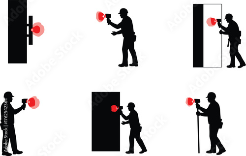 Cabinet assembly illustration, construction worker, power drill, screwdriver use, wall cabinet, safety helmet, carpentry process, furniture installation, repair work, training skills