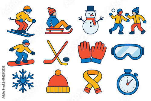 Outdoor Winter Games flat icons: skiing, sledding, snowman, snowball fight, snowboarder, hockey stick, gloves, goggles, snowflake, hat, scarf, timer.