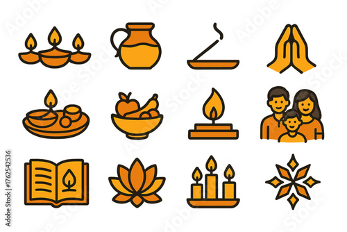 Diwali Lights Traditions — Warm Flat Icons outline icon set: diya arrangement, oil jar, incense stick, prayer hands, offering tray, fruit bowl, sacred flame, family gathering,