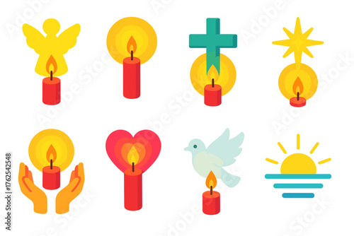 Christmas Candle — Spiritual warmth flat isometric set: angel silhouette, shining light, cross symbol, star of bethlehem, open hands, heart glow, dove of peace, sunrise.