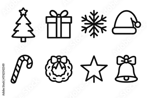 Christmas Season — Festive essentials outline icon set: christmas tree, wrapped gift, snowflake, santa hat, bell with bow, candy cane, wreath, star topper.