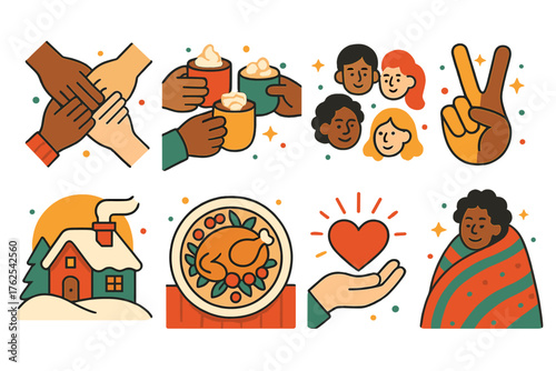 Christmas Unity flat icons: diverse hands, shared cocoa mugs, circle of friends, peace sign, snow-covered cabin, festive meal, warm blanket, shining heart.
